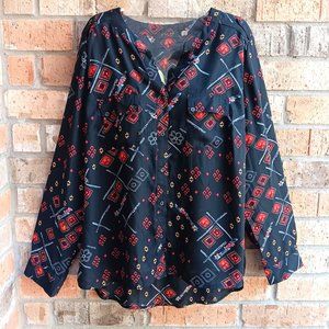 Fylo Women's Long Roll Tab Sleeve Button Front Blouse Red Diamond Size L